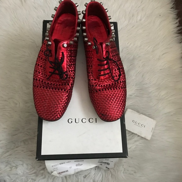 Gucci Other - Gucci Red Flame Napa Silk Studded Laced-Up Shoes